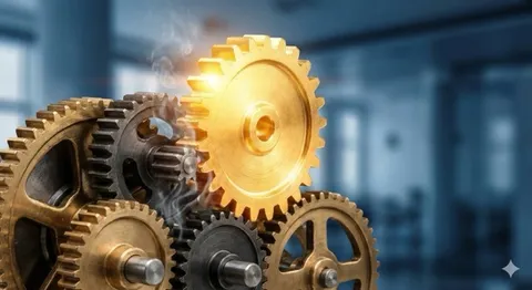 Illustration métaphorique d'un engrenage doré central qui grippe la machine, symbolisant le dirigeant devenu un frein à la croissance de son entreprise.