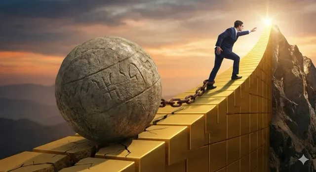 Illustration d'un homme d'affaires freiné par un boulet en pierre, symbolisant la dette de talent qui empêche de bien structurer son équipe de direction.