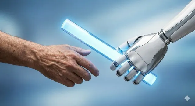 Passage de témoin entre une main humaine et une main futuriste, illustrant la transition nécessaire pour structurer son équipe de direction en phase de scale-up.