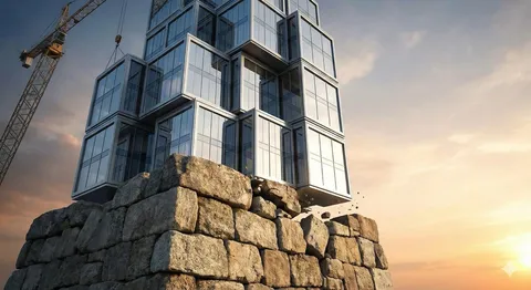 Illustration conceptuelle d'une structure moderne en verre et acier tentant de se poser sur une base en pierre ancienne et irrégulière, symbolisant le défi de structurer son équipe de direction sur une base historique inadaptée.